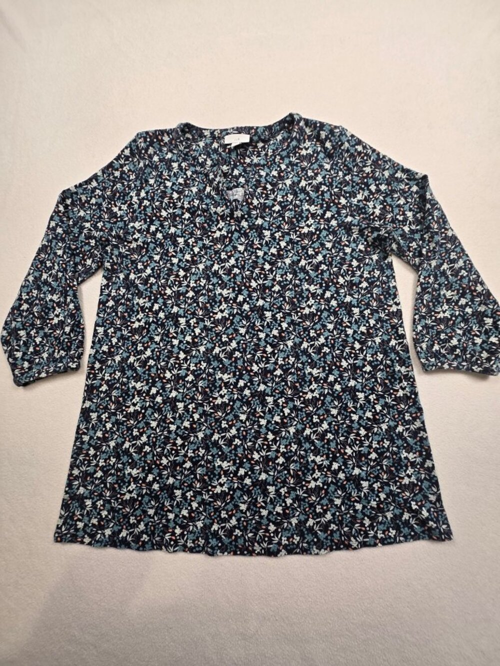 J Jill Medium Floral Print Blue Tunic Top Long Sleeve Cotton Blend Casual